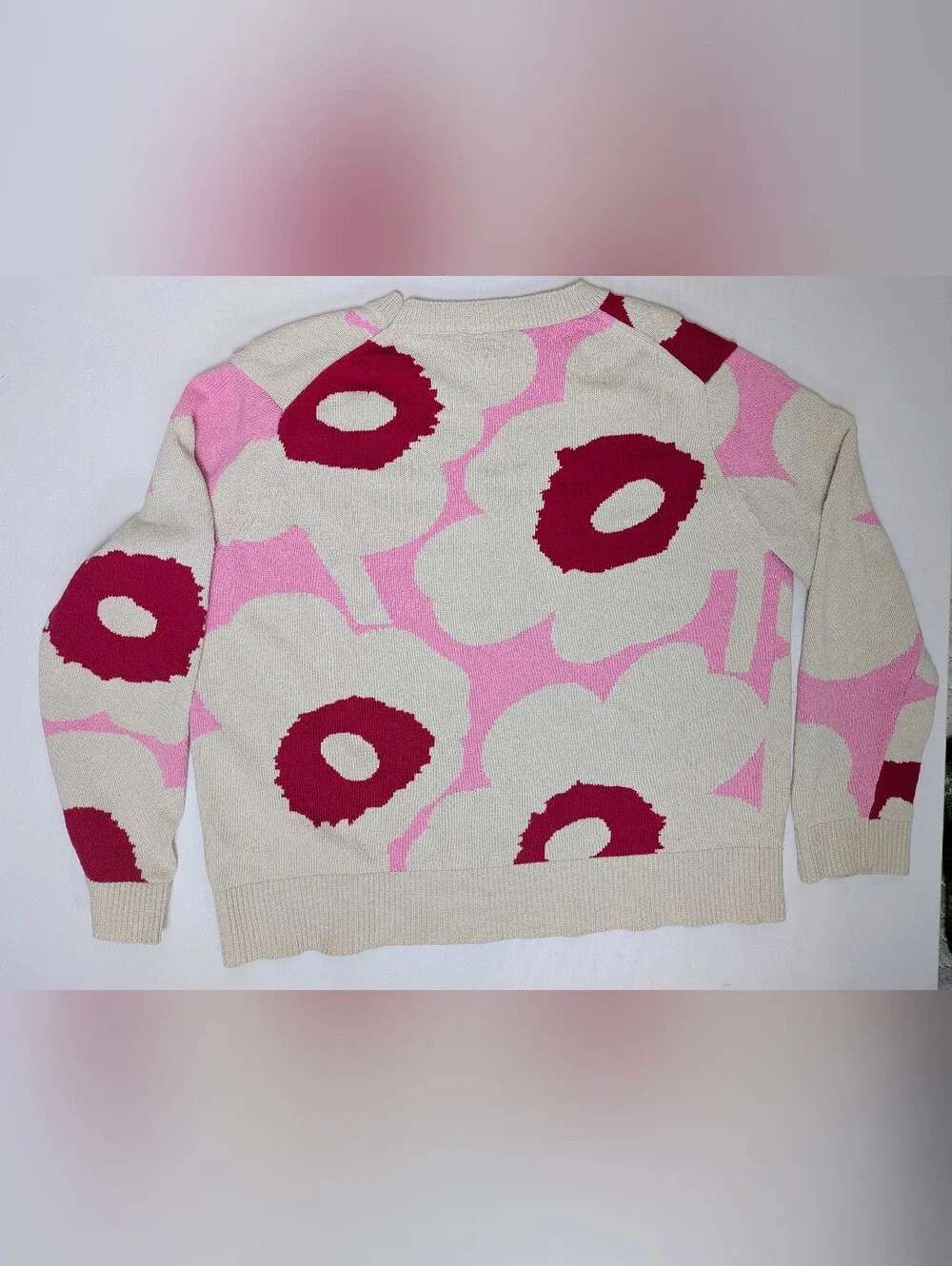 Marimekko Päivä Unikko Pullover Sweater, 100 % Cotton, Relaxed Fit Sz L/XL EUC